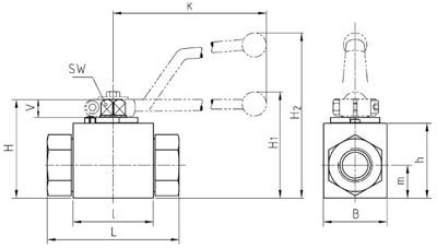 Рис.2. Схема блочного крана BKH-G12 DN 13 PN500 с отв. MHA